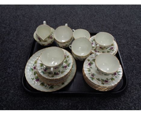 A tray containing 27 pieces of Royal Worcester Bacchanal leaf patterned tea china. 