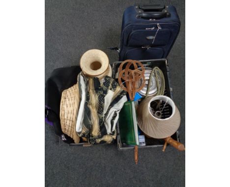 A cabin case together with two boxes containing miscellaneous including curtains, carpet beater, mug tree, vase, wicker baske