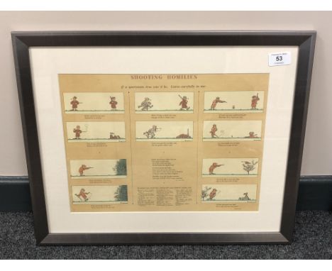 A colour sporting print : Shooting Homilies- 'If a sportsman true you'd be, Listen carefully to me', 27 cm by 36 cm, framed. 