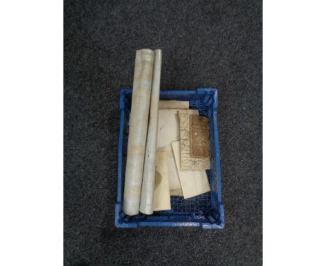 A crate of antique maps, Royal Naval fleet montage print etc 