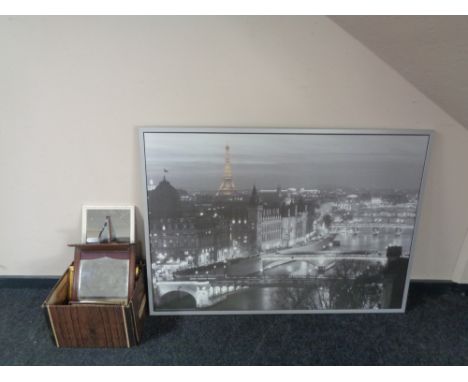 A large framed print of a Parisian skyline together with a box of antique and later mirrors and pictures 