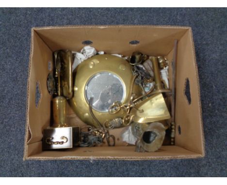 A box of assorted brass ware, companion pieces, porthole mirror, carriage clock etc 