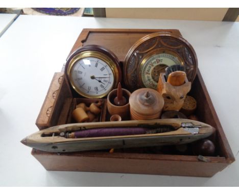box of treen pots and vases, loom shuttle, carved barometer (A/f)