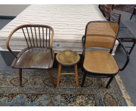 Two bentwood armchairs together with a beech four legged stool 