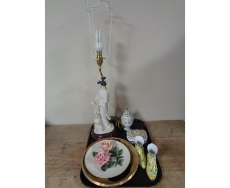 A tray of Capodimonte roses wall plaque and geisha figural figural table lamp (A/F), two Nelson pottery plates Mona Lisa and 