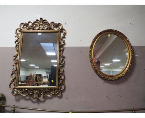 A MODERN GILT FRAMED RECTANGULAR MIRROR H-89 CM WITH AN OVAL MIRROR AND A LAMP (3)