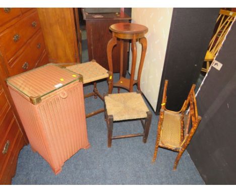 A LLOYD LOOM LINEN BOX, 2 STOOLS, BAMBOO PAPER RACK AND AN OAK STAND (5)