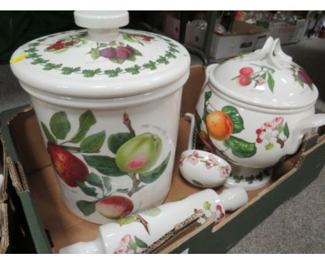 A TRAY OF PORTMEIRION POMONA TO INCLUDE A SOUP TUREEN AND LADLE, LARGE LIDDED CROCK AND A ROLLING PIN