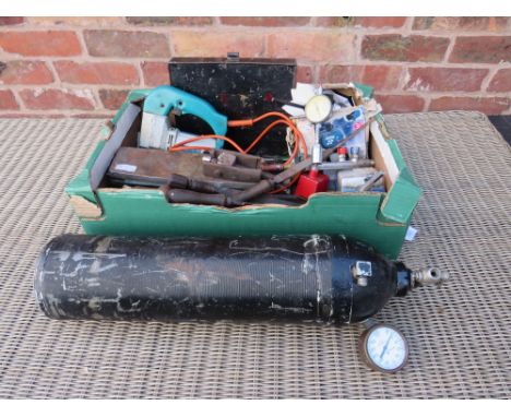 A BOX OF ASSORTED TOOLS TO INCLUDE FILES,DTI,WOLF JIGSAW,BEARING PULLER AND COMPRESSOR AIR TANK ETC