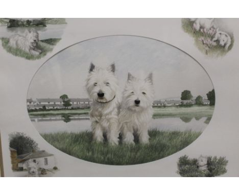 A NIGEL HEMMING OVAL PORTRAIT WATERCOLOUR OF TWO WESTIES IN A DECORATIVE MOUNT, SIGNED AND DATED 89 LOWER RIGHT, 61 X 70.5 CM