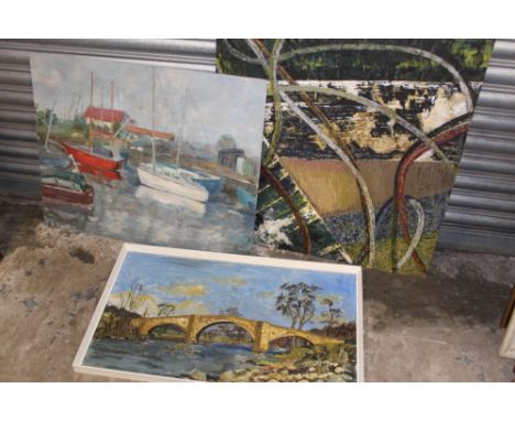 THREE 20TH CENTURY OIL ON BOARD PAINTINGS, TO INCLUDE AN ABSTRACT PAINTING INSCRIBED ELVIC STEELE VERSO, 80 X 73.5 CM AND A F