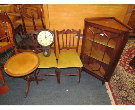 A GLAZED MAHOGANY CORNER CABINET, CIRCULAR OCCASIONAL TABLE, TWO CHAIRS AND A CLOCK (5)