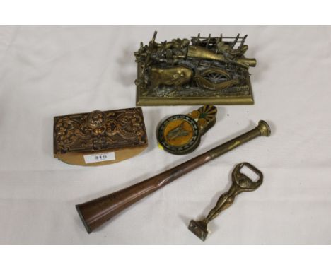 FOUR ITEMS OF BRASSWARE PLUS A COPPER HUNTING HORN