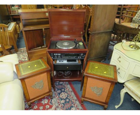 A SMALL MAHOGANY CASED RADIOGRAMME WITH TWO CABINET SPEAKERS - IMPULSE ST 202 &amp; A HITACHI TAPE DECK