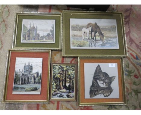 A SMALL SELECTION OF FIVE FRAMED AND MOUNTED RETRO STYLE PAINTINGS ON TITANIUM PLATE - LARGEST OVERALL H 30 CM BY W 40 CM