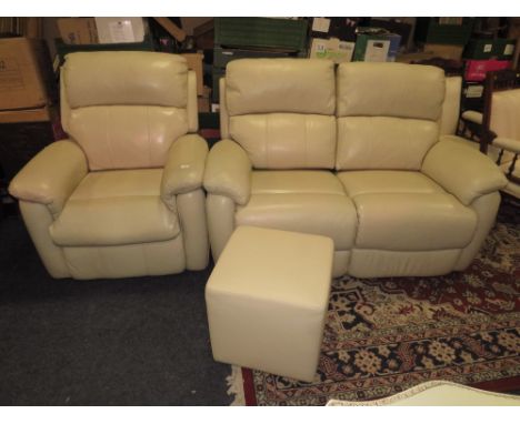 A MODERN CREAM LEATHER ELECTRIC ARMCHAIR TOGETHER WITH A MANUAL RECLINING TWO SEATER SETTEE AND A CUBE STOOL (3)