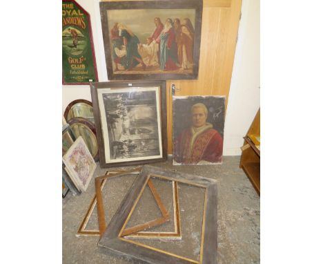 A COLLECTION OF VINTAGE PICTURES AND FRAMES ETC TO INCLUDE A RELIGIOUS TYPE PORTRAIT 