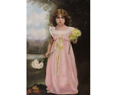 A 20TH CENTURY PORTRAIT STUDY OF A YOUNG GIRL WITH LANDSCAPE IN BACKGROUND, INITIALLED E.M.C. LOWER RIGHT, OIL ON PAPER LAID 