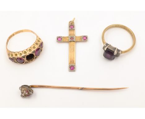 Early 20th century 9ct gold and ruby cross pendant stamped, 9ct gold amethyst (stone missing) ring Birmingham 1903, fox mask 