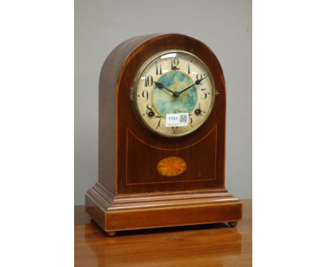 Edwardian inlaid mahogany dome top mantle clock, twin train movement striking the half hours on a coil, H33cm   Condition Rep