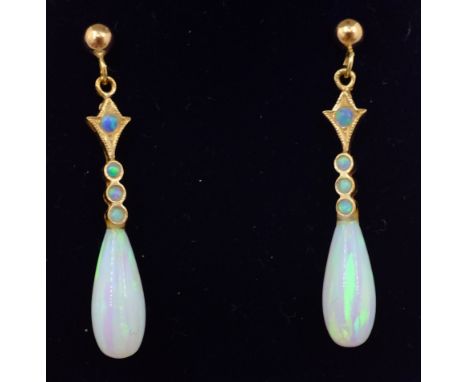 Pair of 9ct gold opal pendant ear-rings stamped 375   Condition Report   Click here for further images, condition, auction ti