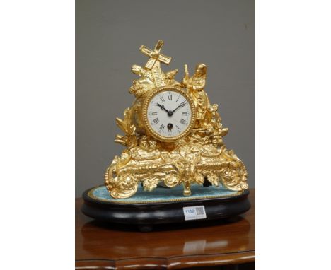 19th century ornate figural mantel clock, 'Japy Freres' 7-day movement, on ebonised plinth, H31cm   Condition Report   Click 