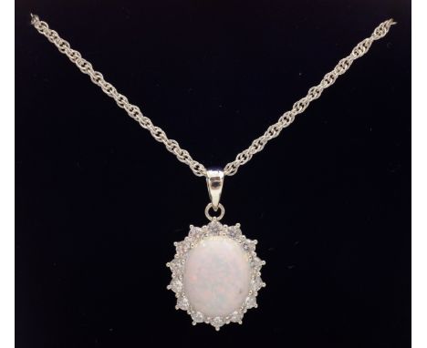 Silver opal and stone set cluster pendant necklace stamped 925   Condition Report   Click here for further images, condition,