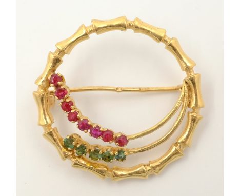 18ct gold ruby and emerald set bamboo effect brooch Egyptian gold mark approx 7.5gm   Condition Report   Click here for furth