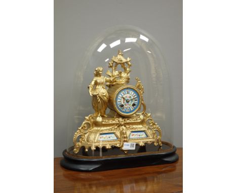 Victorian figural mantel clock, gilt metal case with porcelain panels and dial, twin train movement stamped Marti & Co. No.16