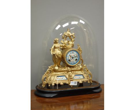 Victorian figural mantel clock, gilt metal case with porcelain panels and dial, twin train movement stamped Marti & Co. No.16