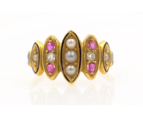 Victorian 18ct gold pearl, diamond and ruby enamel ring Birmingham 1899   Condition Report   Click here for further images, c