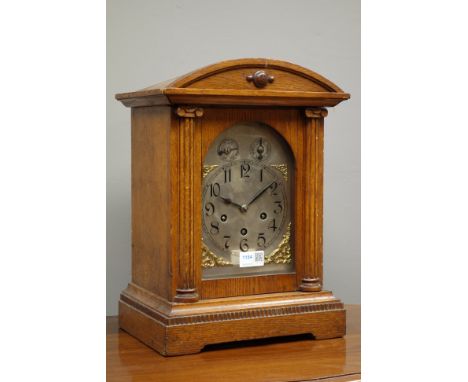 Victorian oak mantel clock, architectural arch top case with silvered dial, triple train movement Westminster chiming the hou