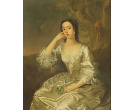 Thomas Hudson (1701-1779)Portrait of a lady in a silver dress, seated, and resting her arm on her chin, wearing pearls, and h