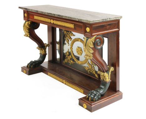A French Empire-style mahogany and gilt metal mounted console table,the rectangular grey marble top above a frieze drawer, ra