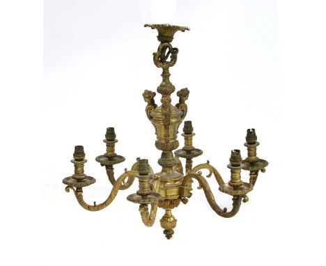 A gilt-bronze six-light electrolier,19th century, of heavy gauge, with figural detail and acanthus cast scrolling foliate bra
