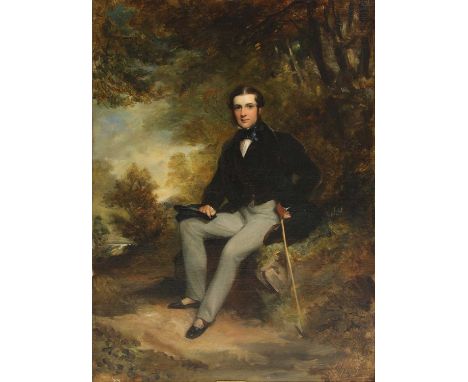 Attributed to Sir Francis Grant RA (1803-1878)Portrait of a young gentleman, holding his cane and hat, seated by a woodland l