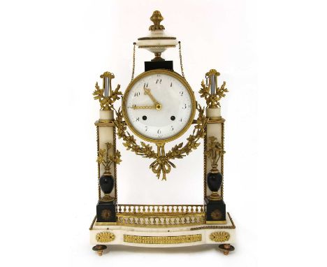 A French white marble portico mantel clock,19th century, with gilt metal mounts and chains, a brass cased drumhead eight-day 