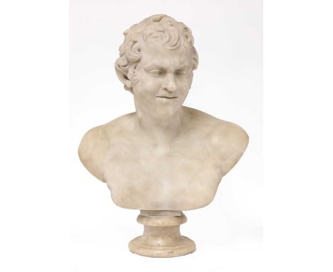 An Italian carved marble bust, late 18th/early 19th century, 'The Albani Faun', after the antique, on a waisted circular socl