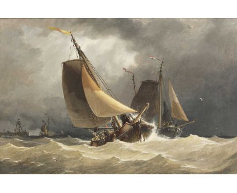 Richard Henry Nibbs (1816-1893)Dutch fishing boats in heavy seassigned 'R H Nibbs' and dated 1856 l.r., inscribed with title 