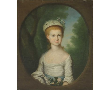 John Foldstone (d.1784)Portrait of a red-haired girl in a white dress with a Russian cap adorned with flowers, and holding fl