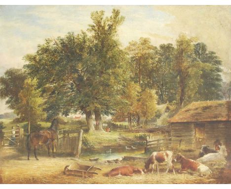 English School, early 19th centuryA tethered horse by a gate, with a courting couple beyond, and cattle in a farmyardoil on c