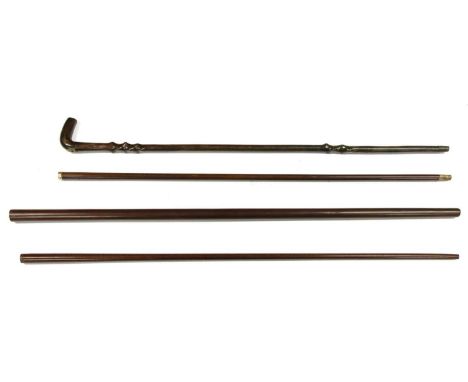 A patent compass walking stick and three stick shafts,the first, with a brass shield-shaped cover stamped 'Luce Hosking's pat