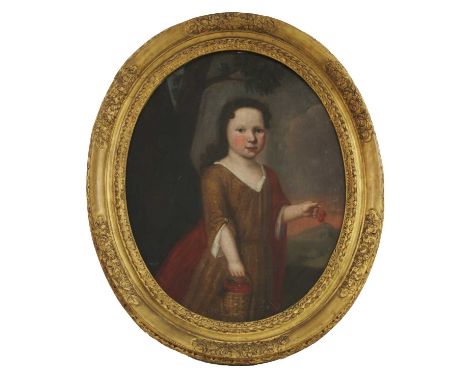 Thomas Hill (1661-1734)Portrait of a small girl in a gold dress and red cloak, holding a basket of cherries and with cherries