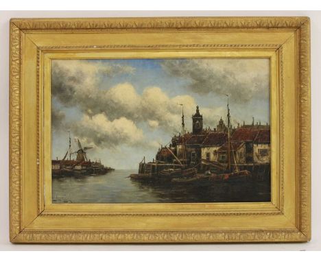 Jan Van Couver (Dutch, 1864-1910) also known as Herman Koekkoek, Jun.A Dutch port with a windmill beyondsigned 'J Van Couver'