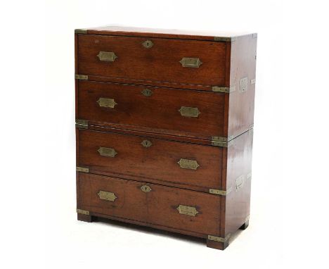 A hardwood campaign chest,early/mid-19th century, with brass recessed handles and corners, the handles to one side engraved '