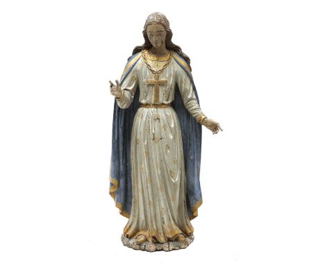 A carved and polychrome painted figure of the Virgin Mary,19th century, depicted in blue cape and with one hand raised,103cm 