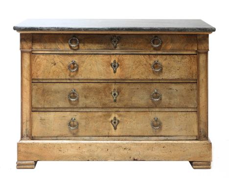 A French walnut commode,early/mid-19th century, the grey marble top above four long drawers, on moulded feet, 121cm wide57cm 