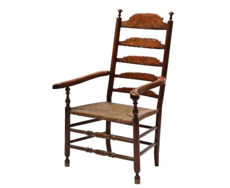 A large fruitwood and parquetry ladder back elbow chair,19th century, Dutch, the back with inlaid butterflies, shells and flo