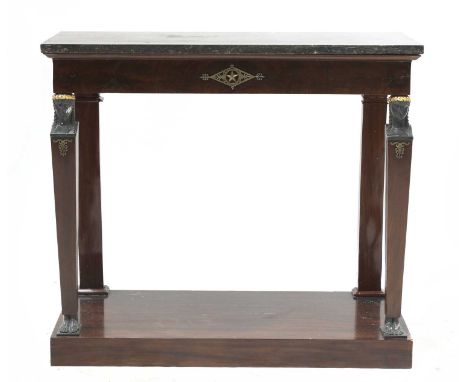 A French Empire Egyptian Revival mahogany and marble-topped console tableearly 19th century, the rectangular top over deep fr