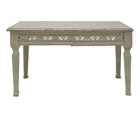 A neoclassical painted console table, late 18th century, with Sienna marble, carved and pierced frieze panels, on fluted legs